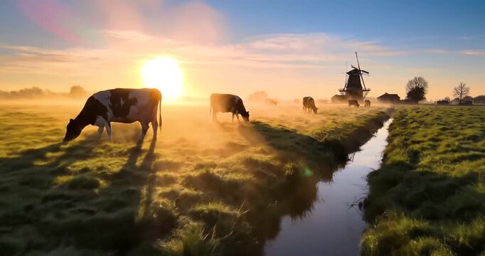 Cows grazing peacefully in a misty field at sunrise with a windmill in the background