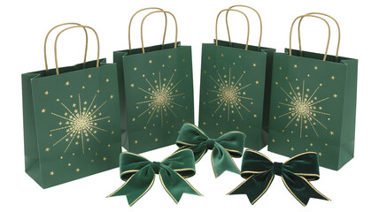 Four deep green elegant holiday gift bags adorned with glittering gold snowflake designs are neatly arranged with three luxurious green velvet bows on