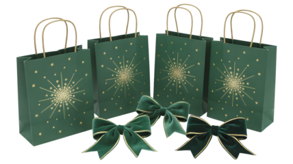 Four deep green elegant holiday gift bags adorned with glittering gold snowflake designs are neatly arranged with three luxurious green velvet bows on