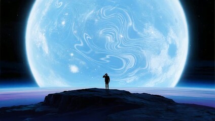 Person standing on rock near giant planet