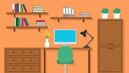 Cozy home office setup with a desk, computer, chair, shelves, and filing cabinet © Abhinaya Project