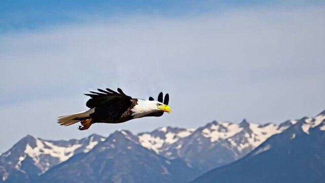 Majestic bald eagle soaring through clear blue sky with snow-capped mountains