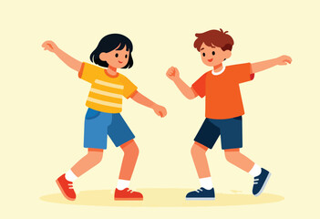Fototapeta premium Two children in colorful clothes dancing and playing outdoors