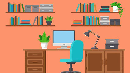 Cozy home office setup with a computer, desk, chair, bookshelves, and plant, perfect for remote work or study