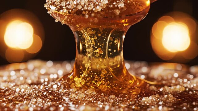 Honey Dripping From Spoon Covered With Sugar Macro Close-Up Shot