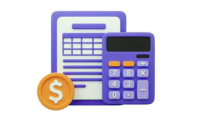 3D Render of Calculator, Document, and Coin