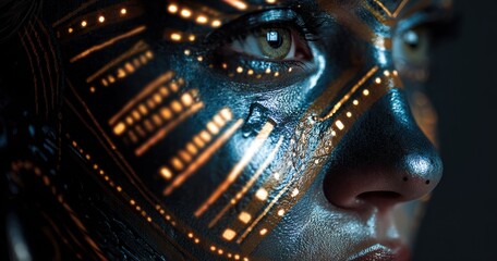 Obraz premium Close up portrait of a person with glowing face markings against dark backdrop