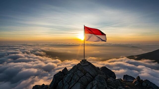 indonesia flag on mountain peak at sunrise
