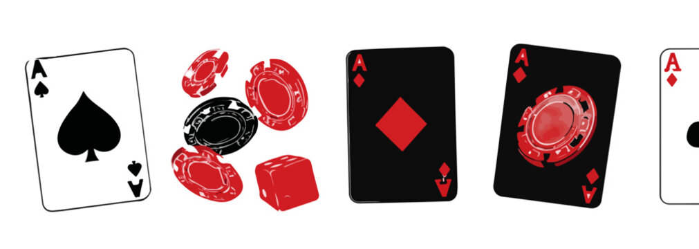 Spielkarten und Chips f&uuml;r Gl&uuml;cksspiel und Poker, isoliert auf wei&szlig;em Hintergrund mit transparenter Wirkung.