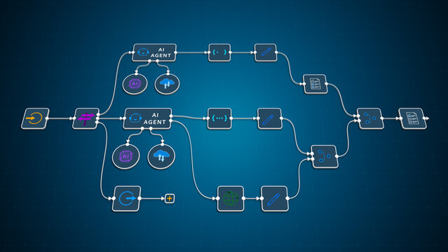 AI automation workflow diagram with agents, cloud computing, and process flow on blue technology background