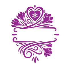 Purple heart shaped floral frame with snowflake and swirling lines isolated on transparent background