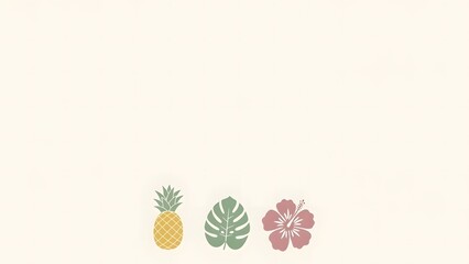 Minimalist flat design illustration featuring a pineapple a monstera leaf and a hibiscus flower on an off-white background with copy space