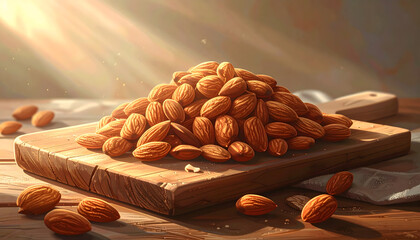 Heap of almonds on a cutting board in soft natural light, organic healthy snack concept theme food.