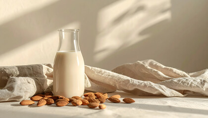 Minimal almond milk scene with almonds and linen cloth under soft natural light, clean mood style calm