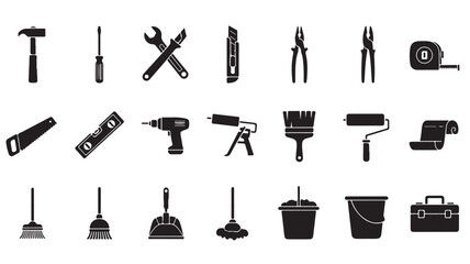 Obraz premium Cleaning and construction tools in minimalist black silhouettes on white background for graphic design