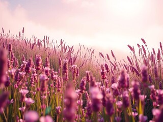 Whispering meadows unfurl in a haze of rose and lavender, sunlight like spun sugar ,  low angle,  delicate