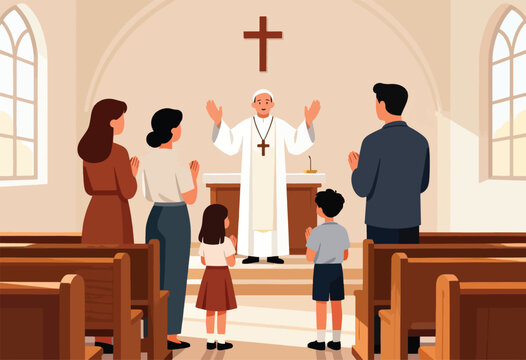 Religious service with a cleric leading a family in prayer within a church
