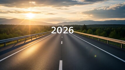 A serene highway journey into the New Year 2026, surrounded by lush greenery and majestic mountains under a warm sunrise.