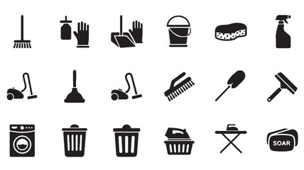 Obraz premium Cleaning Icons Set in Simple Flat Design with Black Color on White Background for Web and Mobile Applications