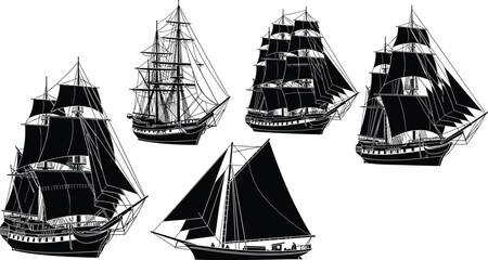Old sailing ships silhouette set, historical maritime vessel icons with masts and sails, nautical ocean travel elements isolated on white background vector illustration © MDMOSTAKIM