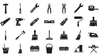 Obraz premium Set of black household and construction tools icons in simple flat design on white background for web and mobile applications