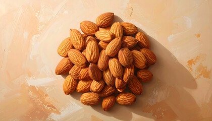 Top-view pile of almonds on a soft beige background, highlighting natural texture, clean composition, and warm minimal style.