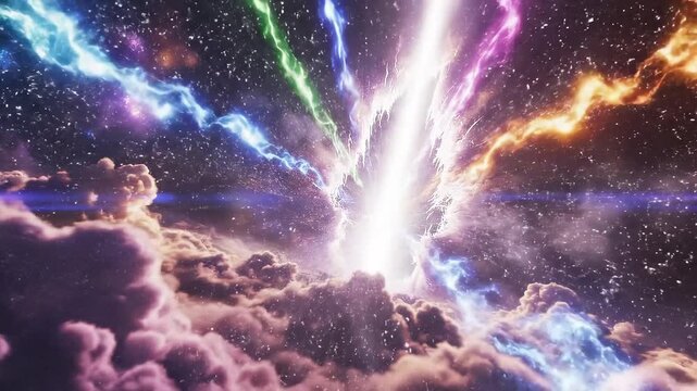 Cosmic Energy Burst with Colorful Light Streams Above Mystical Clouds