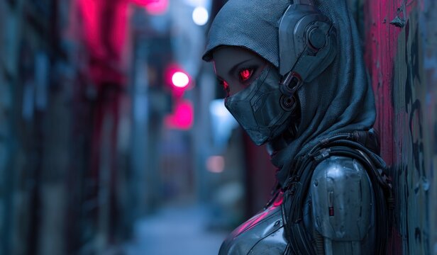 Futuristic figure in hooded outfit leaning against wall digital art