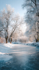 Path of Frozen Ice Leading Through Snowy Trees in Magical Winter Wonderland Forest