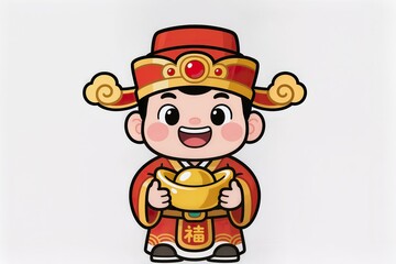 Naklejka premium Cute Chibi God of Wealth 3D Illustration for Asian Lunar New Year, pure white background