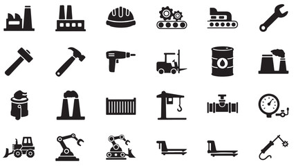 Fototapeta premium Industrial icons set in modern minimalist style with black color on white background for graphic design