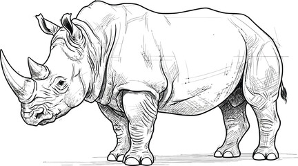 Detailed sketch drawing of a rhinoceros standing isolated on a white background