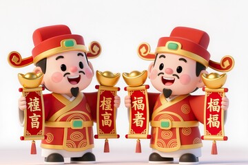 Fototapeta premium Cute Chibi God of Wealth 3D Illustration for Asian Lunar New Year, pure white background