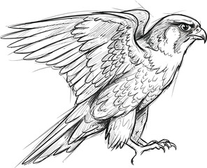 Detailed sketch of a fierce falcon with wings slightly spread on white background