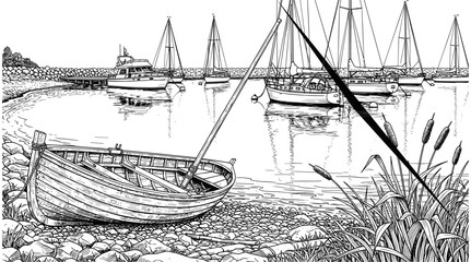 Detailed black and white sketch of a wooden rowing boat on a rocky shore with sailboats anchored in a calm harbor © Shopna