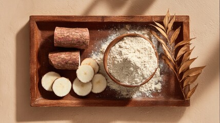 Yam tubers and flour on wooden tray with dried leaves