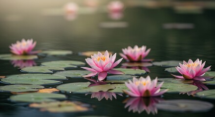 Pink water lilies on a serene pond with green lily pads and soft
