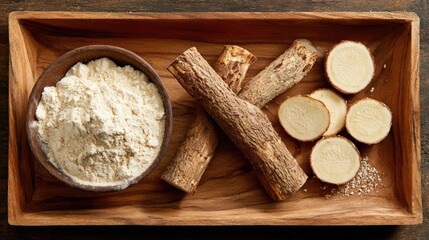 Yacon root and powder on wooden tray for healthy eating