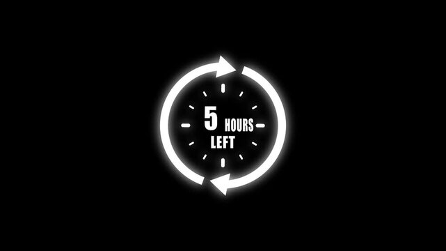 White glowing circular countdown timer showing five hours left with arrows and dash markers on a black backdrop, conveying time limits and urgency for sales or events
