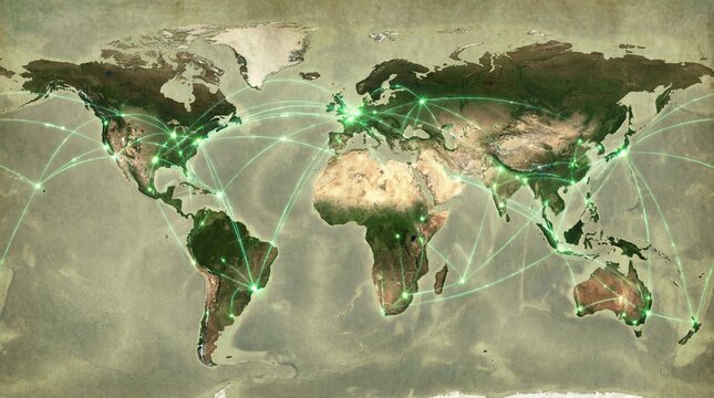 A realistic greentoned world map displayed in 4K resolution showcasing global connections and networks across continents - Powered by Adobe