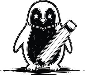 Tux the penguin mascot drawing with a large pencil on a dark background