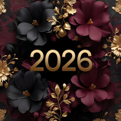 Elegant 2026 New Year Background with Gold Floral Pattern in Maroon and Black