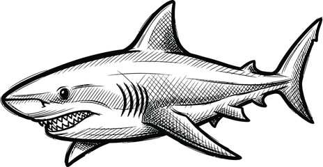 Fierce great white shark profile drawn in a detailed vintage engraving style