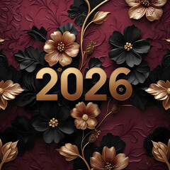 Sophisticated 2026 New Year Poster in Maroon Black and Gold Floral Style