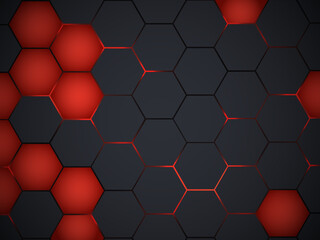 Dark hexagonal pattern with glowing red accents