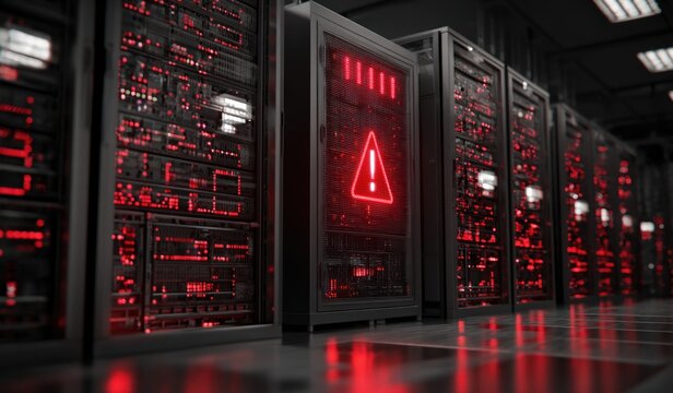 Data center servers with warning symbol displayed in red light