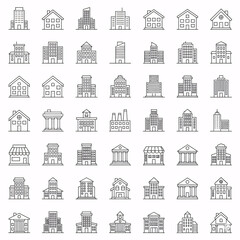 Building icons set, office building vector, house line art, school symbol, government building illustration, real estate design, architecture icon set. Generative AI