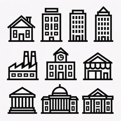 Building icons set, office building vector, house line art, school symbol, government building illustration, real estate design, architecture icon set. Generative AI