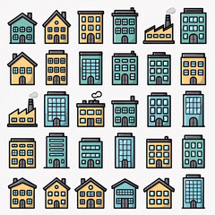 Building icons set, office building vector, house line art, school symbol, government building illustration, real estate design, architecture icon set. Generative AI