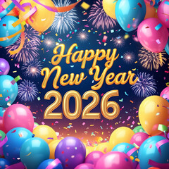 Colorful Happy New Year 2026 Party Background with Balloons Streamers and Lights